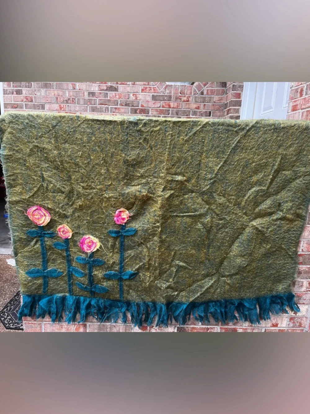 Vintage Handfelted Rose Throw in Olive Green and Teal